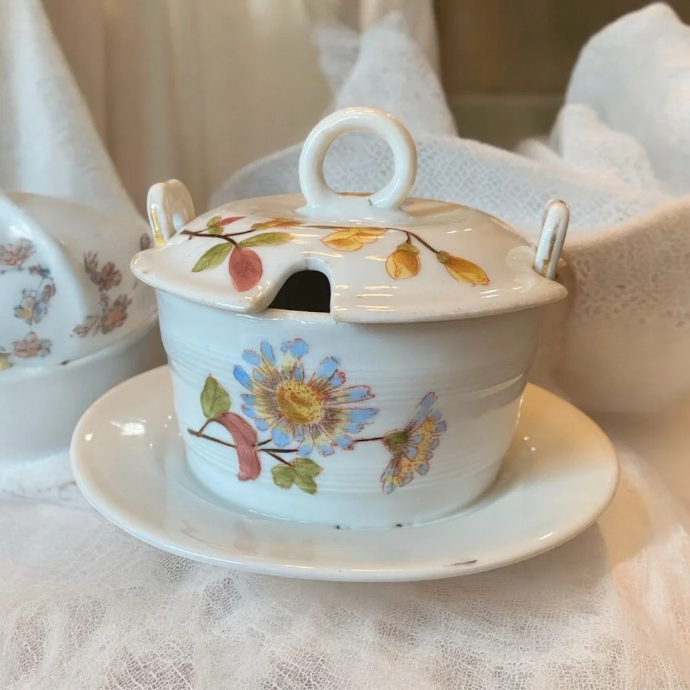 Antique Marx & Gutherz Carlsbad Austria Porcelain Sugar Bowl Lid Saucer Flower